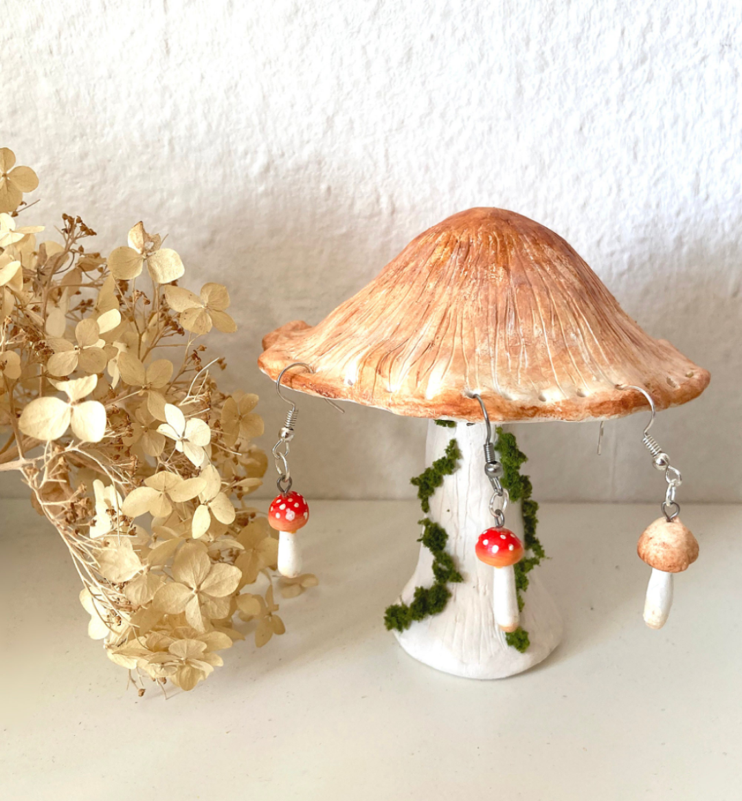 The Poetic Mushroom MADE TO ORDER- Shaggy ink cap - polymer clay earring holder - ink cap mushroom