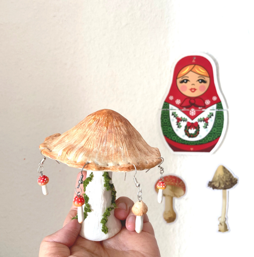 The Poetic Mushroom MADE TO ORDER- Shaggy ink cap - polymer clay earring holder - ink cap mushroom